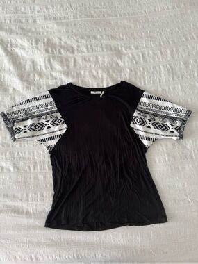 Women's Black Blouse with Monochrome Aztec Short Sleeves